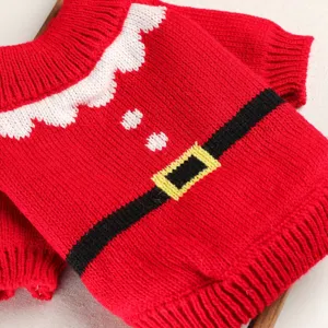 Close-up detail of red pet Christmas sweater with Santa belt design, soft cozy knit.