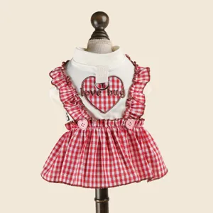 Cute red gingham pet dress with heart embroidery and leash ring for dogs and cats.