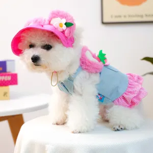 Cute pink denim dog dress and hat set with strawberry detail for small cats and puppies.