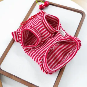 Red and white striped pet sweater for small dogs, cute puppy knit apparel with pom-pom.