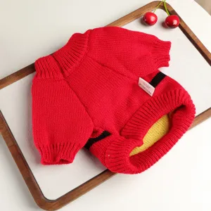 Cozy red knit pet sweater with black stripes for small dogs, soft and warm dog apparel.