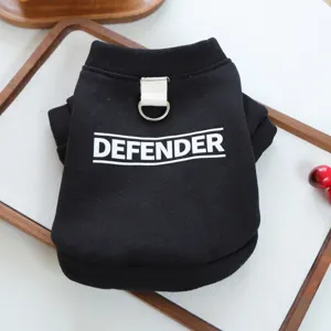 Black pet hoodie for small dogs and cats, stylish defender letter print with D-ring.