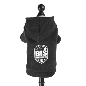 Detail view of dark grey pet hoodie with hooded design and cool back shield logo print.