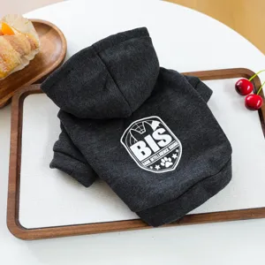 Dark grey pet dog cat hooded sweatshirt featuring stylish letter print design detail view.