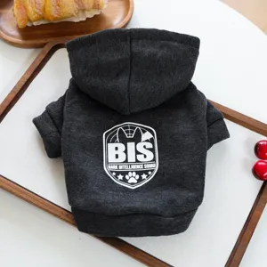 Detailed shot of dark gray pet dog hooded sweatshirt with cute back print design.
