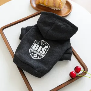 Detailed view of dark grey pet hoodie with stylish letter print for small dogs and cats.