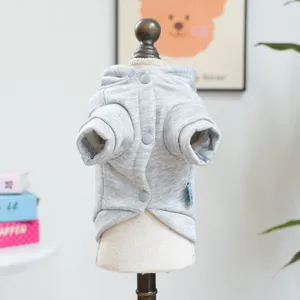 Grey pet hoodie for small dogs, cute puppy warm buttoned sweatshirt with hood for daily wear.