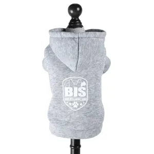 Detailed view of gray pet hoodie back print, soft knit fabric for small dogs and cats.
