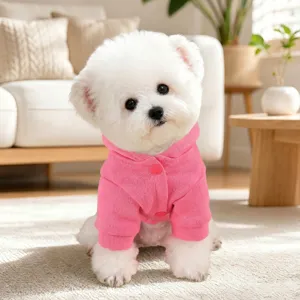 Pink knitted dog hoodie with buttons, cute pet apparel for small dogs, comfortable spring wear.