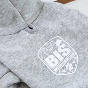 Gray pet hoodie for small dogs cats, comfortable fleece material with cute shield print.