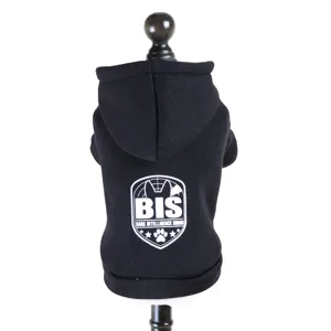 Detailed shot of a black pet dog hoodie featuring a stylish BIS letter printed back design.