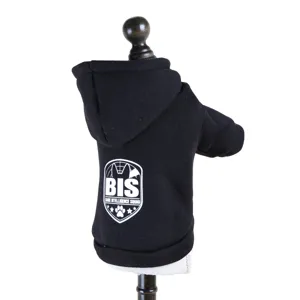 Close-up back detail of the black pet hoodie featuring white BIS letter print and hood design.