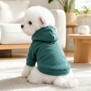 Cute dark green dog hoodie for small dogs, warm pet clothes with leash ring, cozy fall apparel.