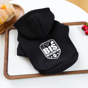 Detailed shot of black pet dog hoodie with chic alphabet shield print for small dogs.