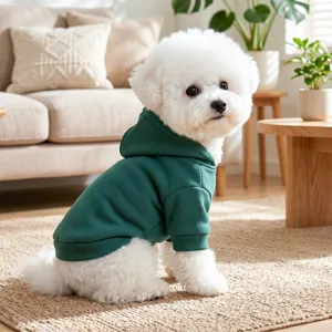 Green pet hoodie detail view, comfortable solid color hooded apparel for small puppy dogs.