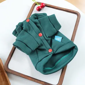 Dark green pet sweatshirt for small dogs, featuring red buttons and neat fold design.