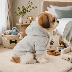 Cozy grey pet hoodie for small dogs, comfortable snap button dog apparel for autumn.