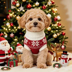 Detailed close-up of a cute toy poodle wearing a festive red and white snowflake pet sweater.