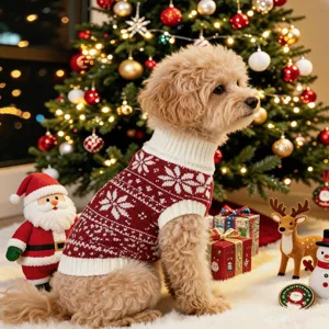 Cozy red and white Nordic pattern dog Christmas sweater, soft knit pet apparel detail.