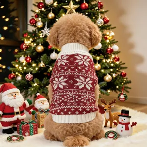 Cute pet christmas sweater for dogs, red and white knitted winter clothes with snowflake pattern.