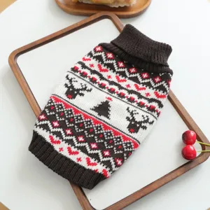 Cozy pet Christmas turtleneck sweater with Nordic reindeer and tree knit pattern detail.