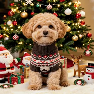 Cute Christmas dog sweater detail, brown knit with Nordic snowflake pattern for pets.