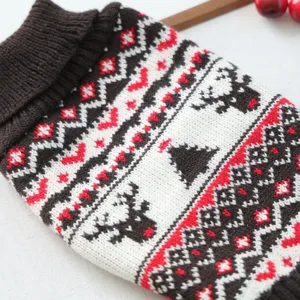 Close-up detail of cozy Christmas pet sweater with cute reindeer knit pattern and warm collar.