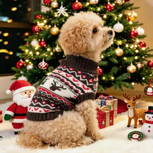 Cozy pet Christmas knit sweater with Nordic reindeer pattern, warm winter apparel for dogs.