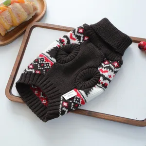 Detailed view of winter pet knit sweater with classic Nordic Christmas pattern and high collar.