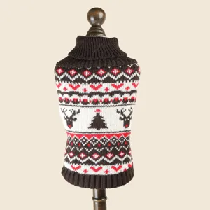 Detailed shot of Christmas dog knit sweater featuring Nordic reindeer and tree winter patterns.