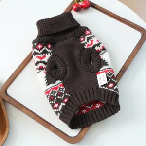 Brown pet winter sweater with festive snowflake pattern, cozy knit dog clothes for Christmas