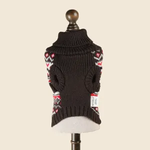 Dark brown knit pet sweater with fair isle pattern for small dogs and cats winter warmth detail view.
