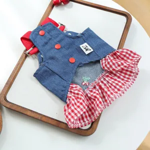 Cute pet denim dress with red plaid ruffles and sweet cherry embroidery for dogs and cats.
