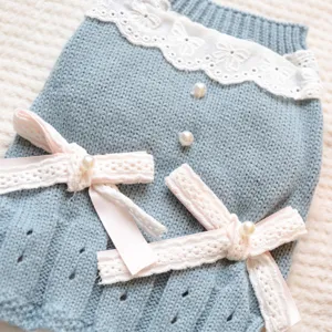 Gros plan détaillé de la robe tricotée bleue pour animal avec col en dentelle blanche.