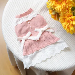 Vue détaillée de la jolie robe en tricot rose pour animal avec dentelle blanche.