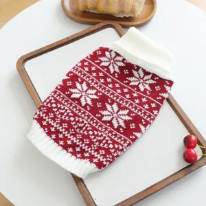 Cozy red white Christmas pet sweater with nordic snowflake pattern for dogs and cats.