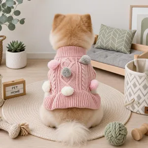 Cute dog knitted sweater with pom poms, warm small puppy pet apparel for autumn and winter.