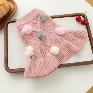 Pink knit pet dress for small dogs puppies cute pom pom winter warm sweater pet apparel