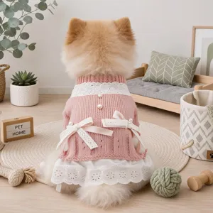 Robe Pull en Tricot pour Chien de compagnie Mignongne Princesse Chiot Vêtements Avec Dentelle Nœud Perles Vêtements Automne Hiver Pour Petits Chiens