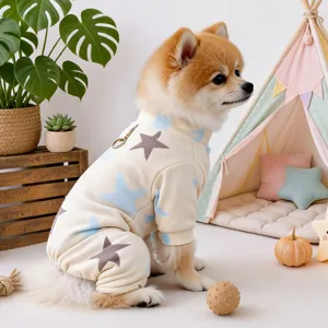 Cute pet dog jumpsuit for small puppies, autumn spring warm soft clothes with traction ring.