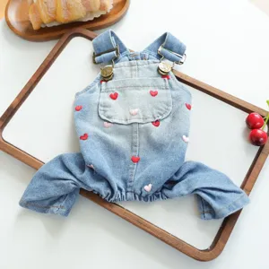 Cute denim pet jumpsuit with embroidered hearts, small dog overall clothes for autumn winter.