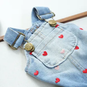 Cute denim pet overalls with red heart embroidery, stylish and comfortable dog apparel for daily wear.
