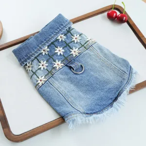 Denim dog clothes with daisy embroidery and D-ring, perfect stylish pet jacket for small dogs.