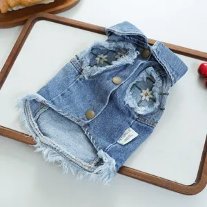 Pet denim jacket detail showing floral embroidery, frayed edges, lapel collar and metal buttons.