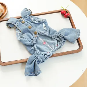 Cute pet denim overalls for small dogs, stylish puppy jumpsuit with comfortable straps.