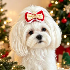 Nahaufnahme einer niedlichen Weihnachts-Hundehaarklammer mit roter Schleife und Lebkuchen.