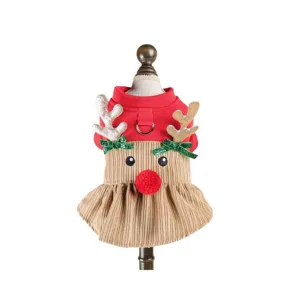 Bonito vestido navideño de reno para mascotas con astas doradas y nariz roja perro