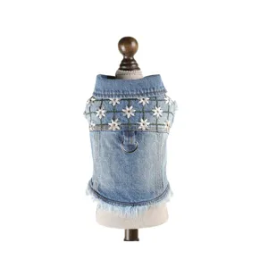 Cute small dog denim vest pet clothes with floral embroidery and leash ring main view