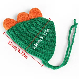 Gros plan d'un joli bonnet au crochet dinosaure pour animaux avec des pointes pour chiens chats.