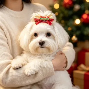 Niedliche weihnachtliche Haarschleife Detailansicht für kleine Welpen Hunde Haustiere.